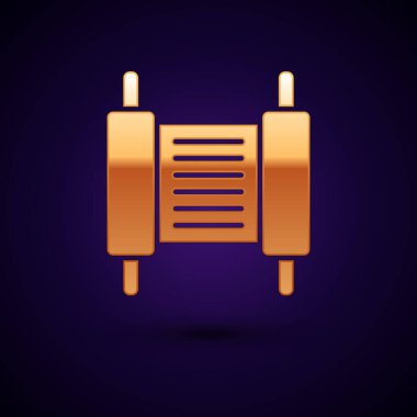 Siyah arkaplanda izole edilmiş altın Tevrat parşömen simgesi. Genişletilmiş Yahudi Tevrat 'ı. David 'in Yıldızı sembolü. Eski parşömen tomarı. Vektör.