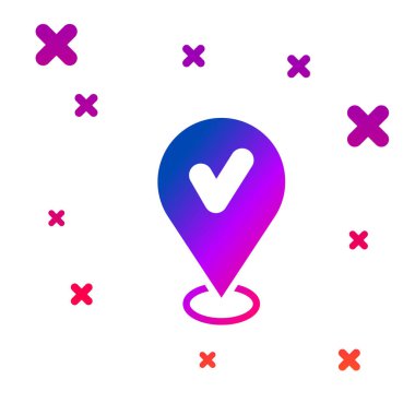 Color Map pin with check mark icon isolated on white background. Navigation, pointer, location, map, gps, direction, place, compass, search concept. Gradient random dynamic shapes. Vector.