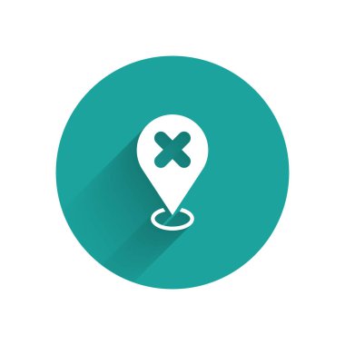 White Map pin with cross mark icon isolated with long shadow. Navigation, pointer, location, map, gps, direction, place, compass, search concept. Green circle button. Vector.
