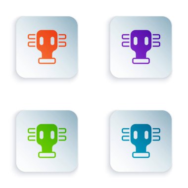 Beyaz arkaplanda izole edilmiş renk gazı maskesi simgesi. Solunum cihazı işareti. Kare düğmelere renkli simgeleri yerleştir. Vektör.