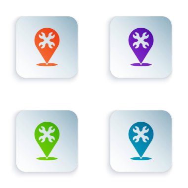 Beyaz arkaplanda İngiliz anahtarı anahtar simgesi izole edilmiş renk konumu. Ayarlama, servis, ayar, bakım, onarım, onarım. Kare düğmelere renkli simgeleri yerleştir. Vektör.