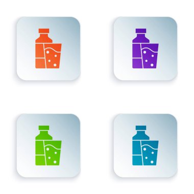 Color Bottle of water with glass icon isolated on white background. Soda aqua drink sign. Set colorful icons in square buttons. Vector.