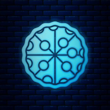 Duvarın arka planında parlayan neon pizza ikonu izole edilmiş. Fast food menüsü. Vektör.
