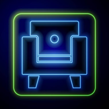 Parlayan neon koltuğu simgesi mavi arkaplanda izole edildi. Vektör.
