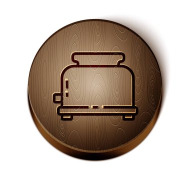 Brown line Toaster with toasts icon isolated on white background. Wooden circle button. Vector.