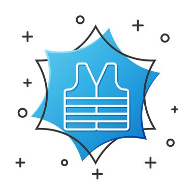 Beyaz çizgili Can yeleği simgesi beyaz arkaplanda izole edildi. Can yeleği ikonu. Olağanüstü bir spor. Spor malzemeleri. Mavi altıgen düğmesi. Vektör.