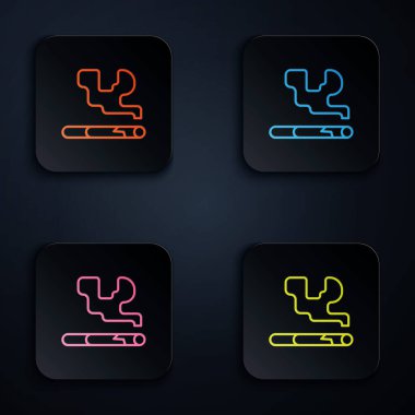 Siyah arkaplanda renkli neon çizgisi sigara simgesi izole edildi. Tütün tabelası. Sigara içme sembolü. Kare düğmelere simgeleri yerleştir. Vektör.