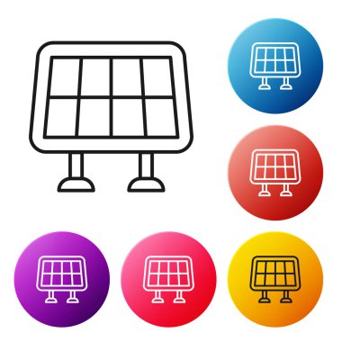 Siyah çizgi güneş enerjisi simgesi beyaz arkaplanda izole edildi. Renkli daire düğmelerini ayarlayın. Vektör.