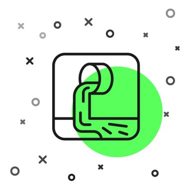 Siyah çizgi Atık Su simgesi beyaz arkaplanda izole edildi. Kanalizasyon borusu. Borudan nehre sıvı akıyor. Vektör.