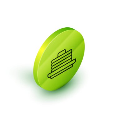 Beyaz arkaplanda izole edilmiş Isome çizgisi krep yığını simgesi. Şerbetli ve kirazlı fırın. Kahvaltı konsepti. Yeşil daire düğmesi. Vektör.