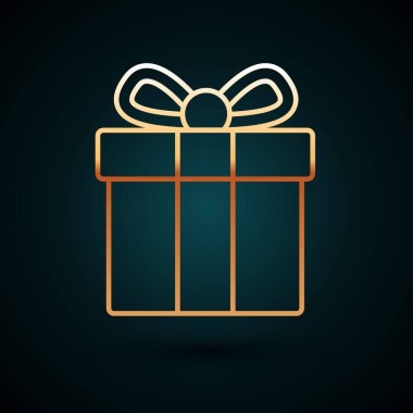 Altın çizgili hediye kutusu simgesi koyu mavi arkaplanda izole edilmiş. Vektör.