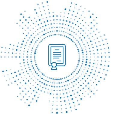 Mavi çizgi sertifika şablon simgesi beyaz arkaplanda izole edildi. Başarı, ödül, diploma, burs, diploma kavramları. Soyut çember rastgele noktalar. Vektör.