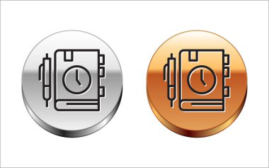 Siyah çizgi günlük not defteri simgesi beyaz arkaplanda izole edildi. Gümüş-altın halka düğmesi. Vektör.