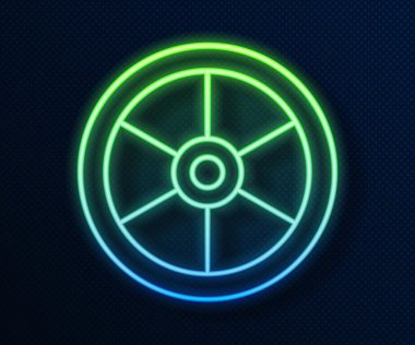 Parlayan neon çizgisi bisiklet tekerleği simgesi mavi arkaplanda izole edildi. Bisiklet yarışı. Olağanüstü bir spor. Spor malzemeleri. Vektör.