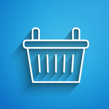 Mavi arka planda beyaz çizgi bisiklet sepeti simgesi izole edildi. Uzun gölge. Vektör.