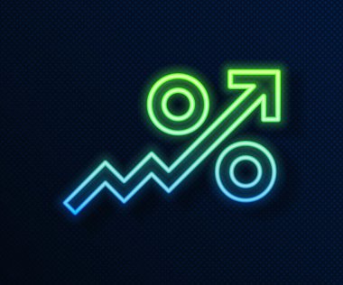 Parlayan neon hattı% yukarı ok simgesi mavi arkaplanda izole edildi. Yüzde işaretini arttırıyorum. Vektör.