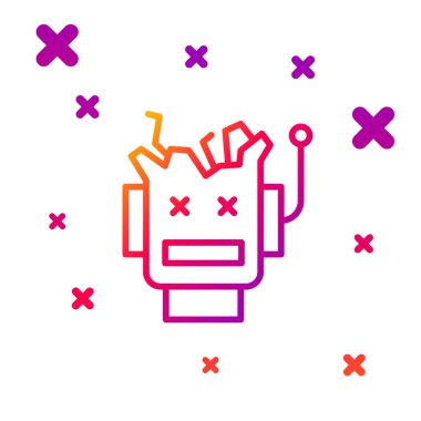 Kırık robot simgesi beyaz arkaplanda izole edildi. Yapay zeka, makine öğrenme, bulut hesaplama. Kademeli rastgele dinamik şekiller. Vektör.