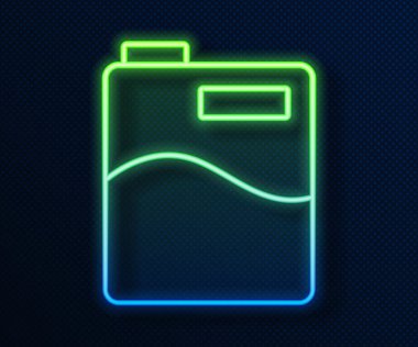 Parlayan neon hattı. Mavi arka planda temiz su ikonu olan büyük şişe. Soğutucu için plastik kap. Vektör.