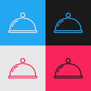 Popüler sanat çizgisi, arka planda izole edilmiş bir tepsi yemek ikonu ile kaplıdır. Tepsi ve kapak işareti. Kapaklı bir restoran saati. Vektör.