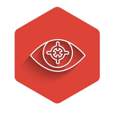 Beyaz çizgi göz tarama simgesi uzun gölgeyle izole edildi. Göz taraması yapılıyor. Güvenlik kontrol sembolü. Siber göz işareti. Kırmızı altıgen düğmesi. Vektör.