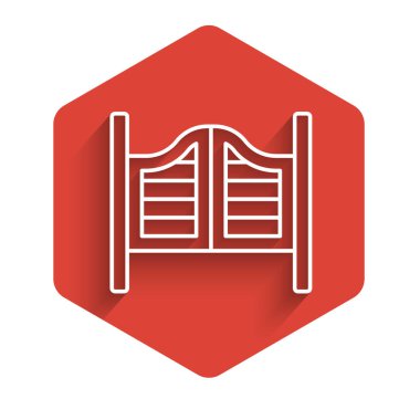 Beyaz çizgi Eski batı sallanan salon kapısı ikonu uzun gölgeli izole edilmiş. Kırmızı altıgen düğmesi. Vektör.