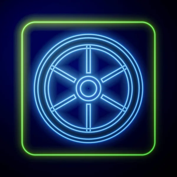 Parlayan neon bisiklet tekerleği simgesi mavi arkaplanda izole edildi. Bisiklet yarışı. Olağanüstü bir spor. Spor malzemeleri. Vektör.