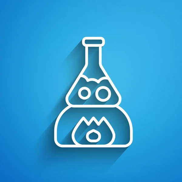 White line Glass test tube flask on fire heater experiment icon isolated on blue background. Laboratory equipment. Long shadow. Vector.