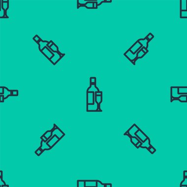 Mavi çizgili, cam ikonlu şampanya şişesi yeşil arka planda izole edilmiş pürüzsüz desen. Vektör.