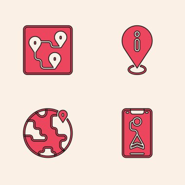 Şehir haritası navigasyonunu, rota konumunu, bilgi ve dünya simgesiyle konumu ayarlayın. Vektör.