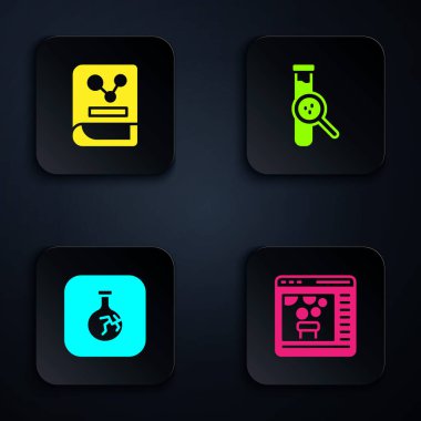 Chemical 'ı çevrimiçi ayarla, Kimya kitabı, çatlak matara ve test tüpü ve. Siyah kare düğme. Vektör.