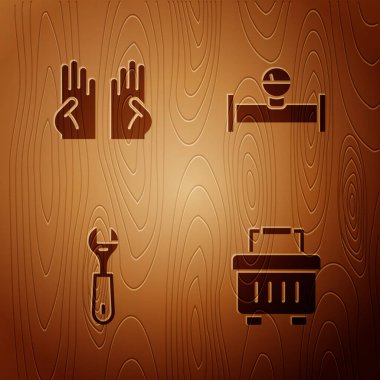 Alet çantası, lastik eldivenler, İngiliz anahtarı ve sanayi borusu ve ahşap arka planda manometre. Vektör.