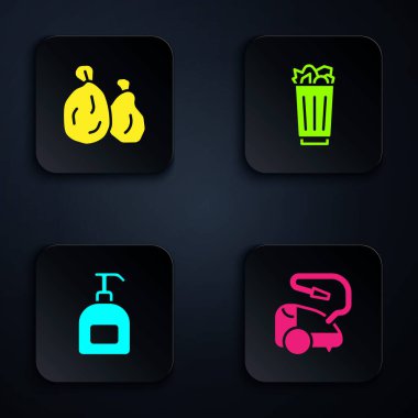 Elektrik süpürgesi, çöp torbası, bir şişe sıvı sabun ve çöp tenekesi. Siyah kare düğme. Vektör.