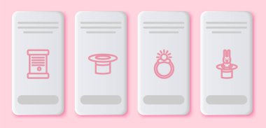 Hüküm, kağıt, parşömen, parşömen, sihirbaz şapkası, mücevherli taş yüzük ve tavşan. Beyaz dikdörtgen düğme. Vektör.