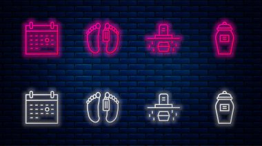 Hattı belirle. Ölü beden, tabutlu mezar, takvim ölümü ve cenaze vazosu. Tuğla duvarda parlayan neon simgesi. Vektör.