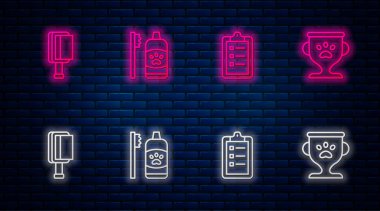 Evcil hayvanlar için dişçi temizliği, kuaför salonu fiyat listesi, saç fırçası köpeği, kedi ve evcil hayvan ödülü. Tuğla duvarda parlayan neon simgesi. Vektör.