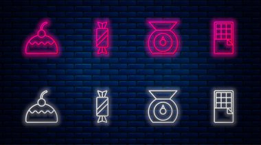 Sıra Candy, Pul, Pasta ve Çikolata 'da. Tuğla duvarda parlayan neon simgesi. Vektör.
