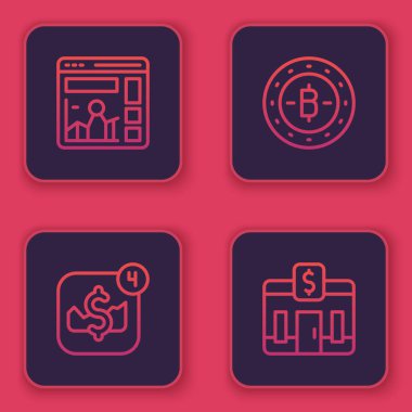 Web sitesini büyüme grafiği, mobil hisse senedi ticareti, Bitcoin ve banka binaları ile ayarla. Mavi kare düğme. Vektör.