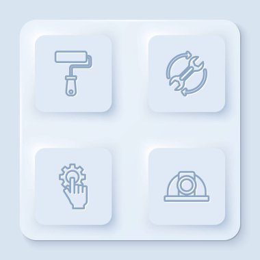 Çizgi boyası fırçasını, kırbacı ve okları iş akışı olarak ayarla, el ve işçi kaskını ayarla. Beyaz kare düğme. Vektör.