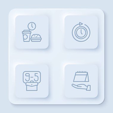 Fast food zamanı, oklu saat, 9 ve Takvim. Beyaz kare düğme. Vektör.