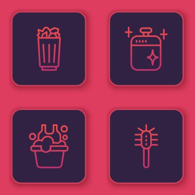 Hat tam çöp kutusu, sabun köpüklü leğen, temiz tencere ve tuvalet fırçası. Mavi kare düğme. Vektör.