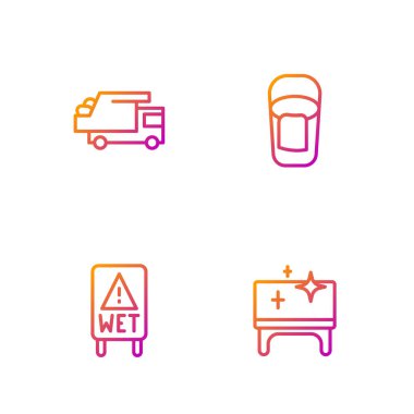 Sıra, temiz masa, ıslak zemin, çöp kamyonu ve paçavralı kova. Renk simgeleri. Vektör.