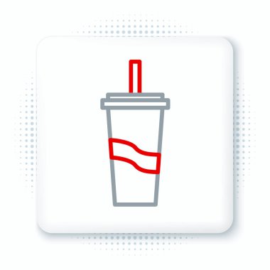 Beyaz zemin üzerinde saman ve su ikonu olan çizgi kağıt bardak. Soda bardağı. Taze soğuk içecek sembolü. Renkli taslak konsepti. Vektör.