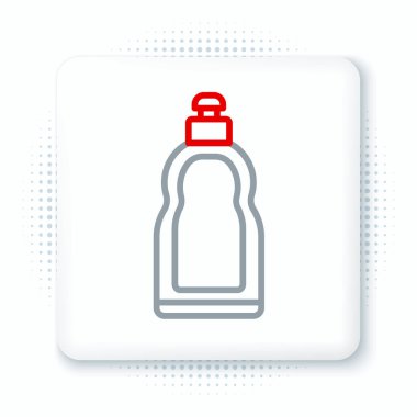 Sıvı çamaşır deterjanı, çamaşır suyu, bulaşık deterjanı ya da beyaz arka planda izole edilmiş başka bir temizlik maddesi simgesi için çizgi plastik şişe. Renkli taslak konsepti. Vektör.