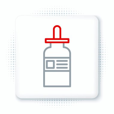 Beyaz arka planda izole edilmiş bir pipet ikonu olan çizgi cam şişe. Tıbbi ve kozmetik ürünler için konteynır. Renkli taslak konsepti. Vektör.