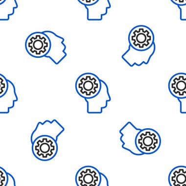 İkonun içindeki teçhizatlı çizgi insan kafası beyaz arka planda izole edilmiş pürüzsüz desen. Yapay zeka. Beyin işaretini düşünüyorum. Beynin sembol çalışması. Renkli taslak konsepti. Vektör.