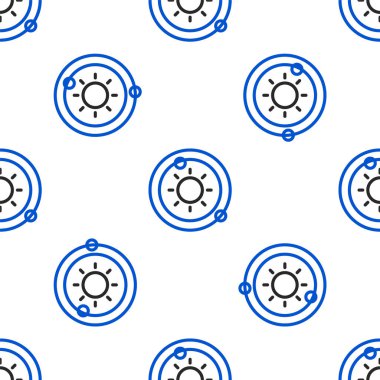 Çizgi Güneş Sistemi simgesi beyaz arkaplanda izole edilmiş kusursuz desen. Gezegenler yıldızın etrafında dönerler. Renkli taslak konsepti. Vektör.