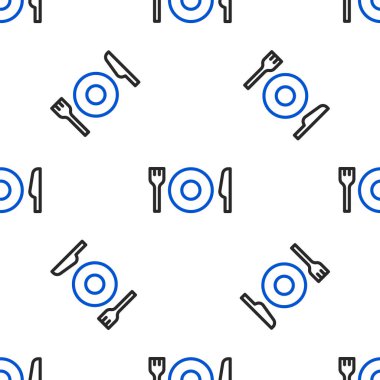 Çizgi plaka, çatal ve bıçak ikonu beyaz arka planda izole edilmiş kusursuz desen. Çatal bıçak sembolü. Restoran tabelası. Renkli taslak konsepti. Vektör.