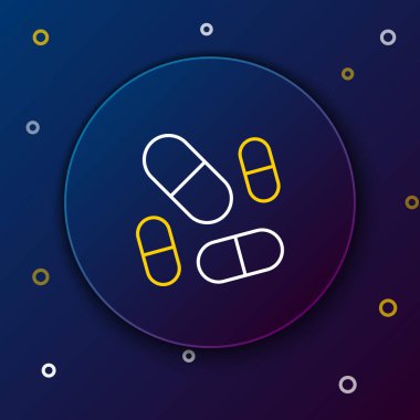 Mavi arka planda izole edilmiş hap kapsülü ikonu çizgi vitamin kompleksi. Sağlıklı bir yaşam tarzı. Renkli taslak konsepti. Vektör.