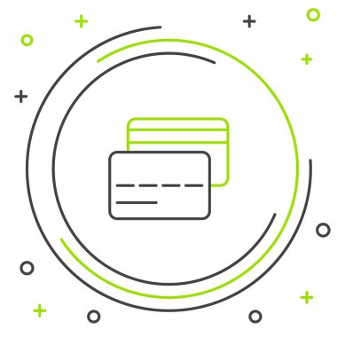 Çizgi kredi kartı simgesi beyaz arkaplanda izole edildi. Çevrimiçi ödeme. Nakit çekilmesi. Finansal operasyonlar. Alışveriş tabelası. Renkli taslak konsepti. Vektör.