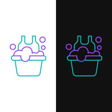 Çizgili plastik leğen, beyaz ve siyah arkaplanda izole edilmiş gömlek ikonu. Sulu kase. Çamaşır yıkama, temizlik malzemeleri. Renkli taslak konsepti. Vektör.